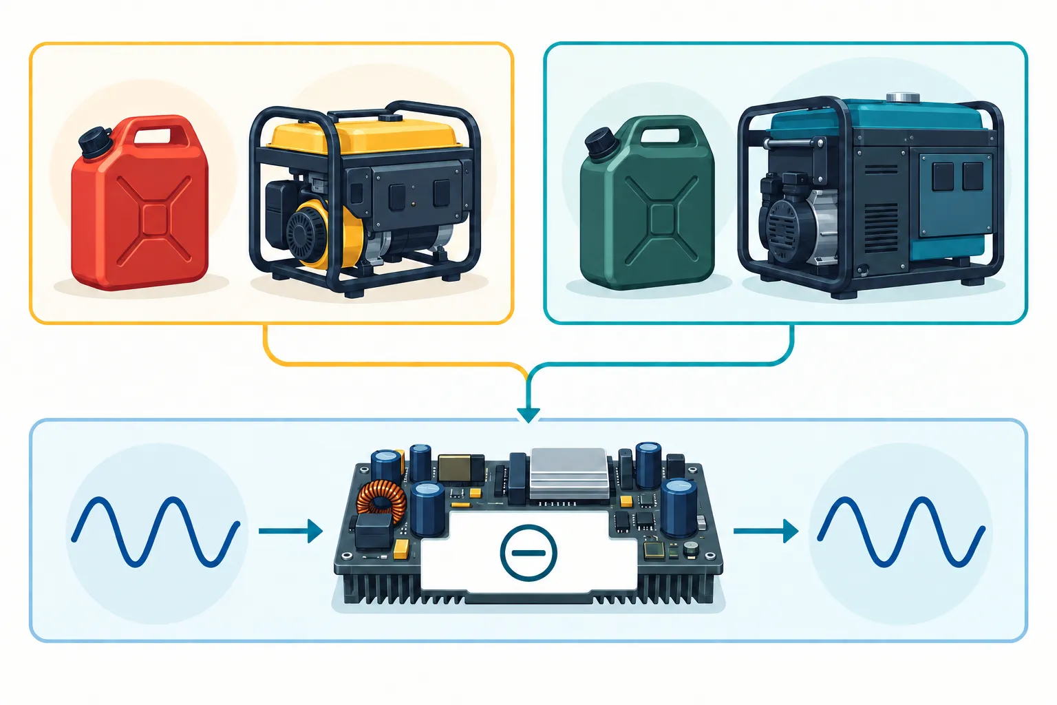 Бензиновий і дизельний генератори та інверторне перетворення змінного струму