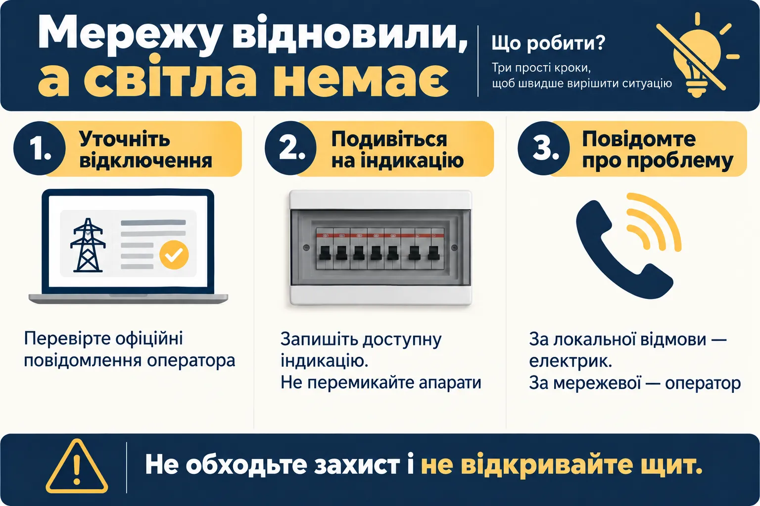 Безпечні дії, якщо мережу відновили, а світла немає
