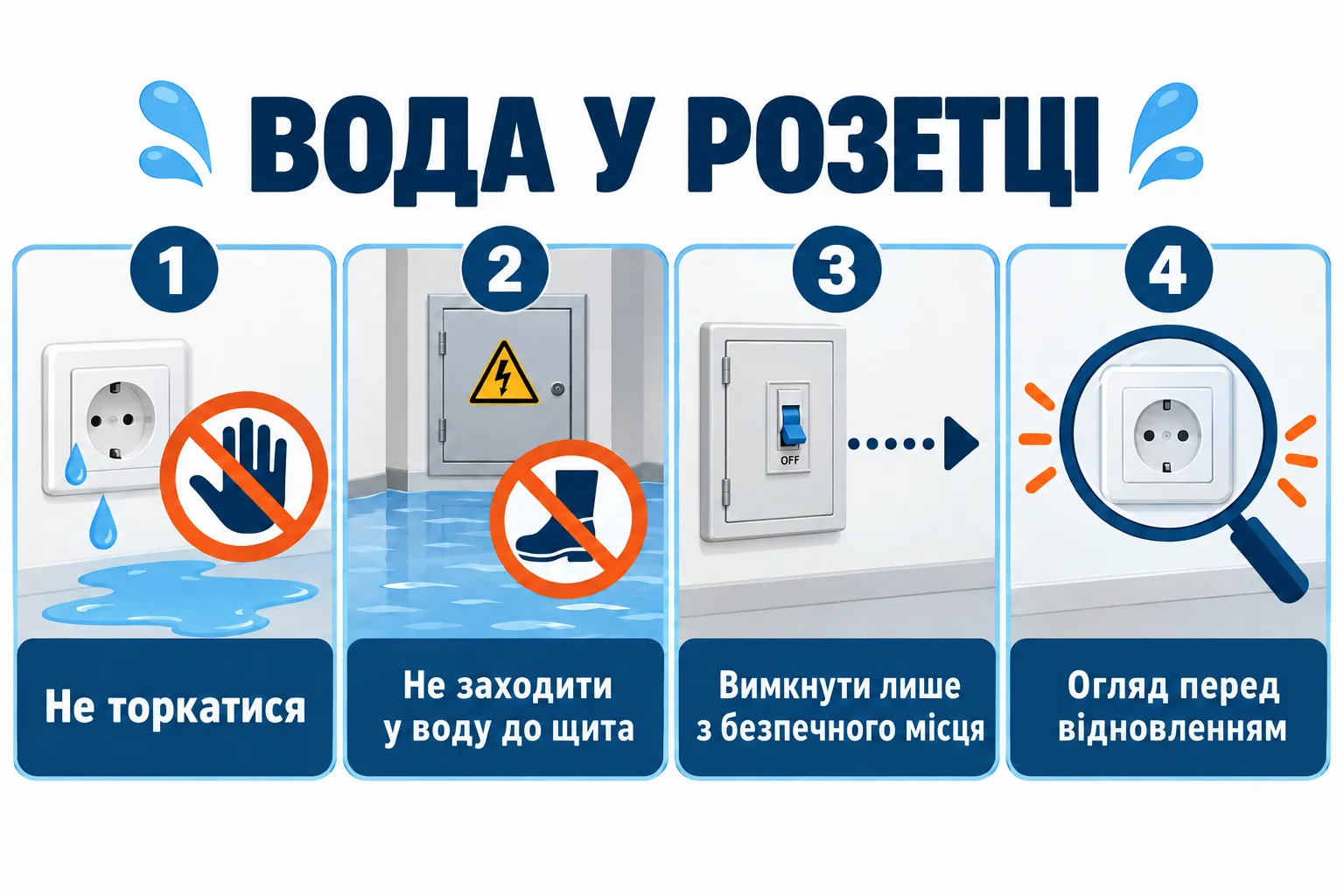 Безпечні дії при потраплянні води в розетку: відключення лише із сухого безпечного місця.
