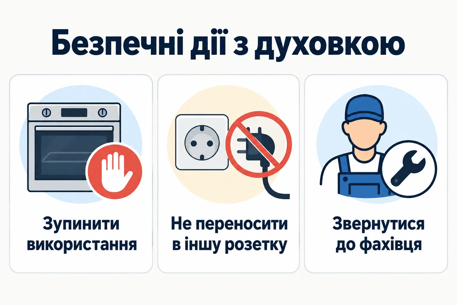 Безпечні дії з духовкою: Зупинити використання, Не переносити в іншу розетку, Звернутися до фахівця.
