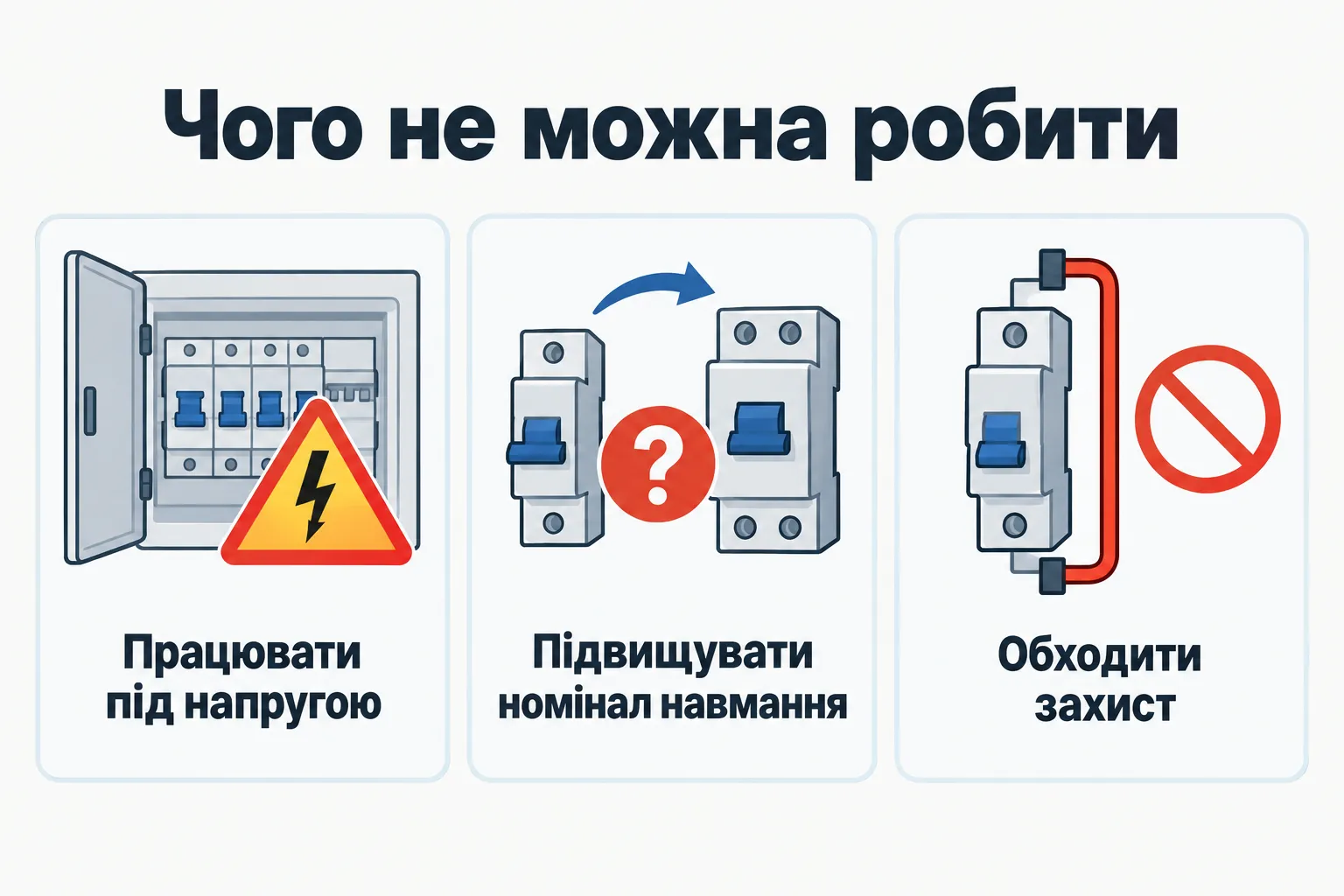 Чого не можна робити: Працювати під напругою, Підвищувати номінал навмання, Обходити захист.