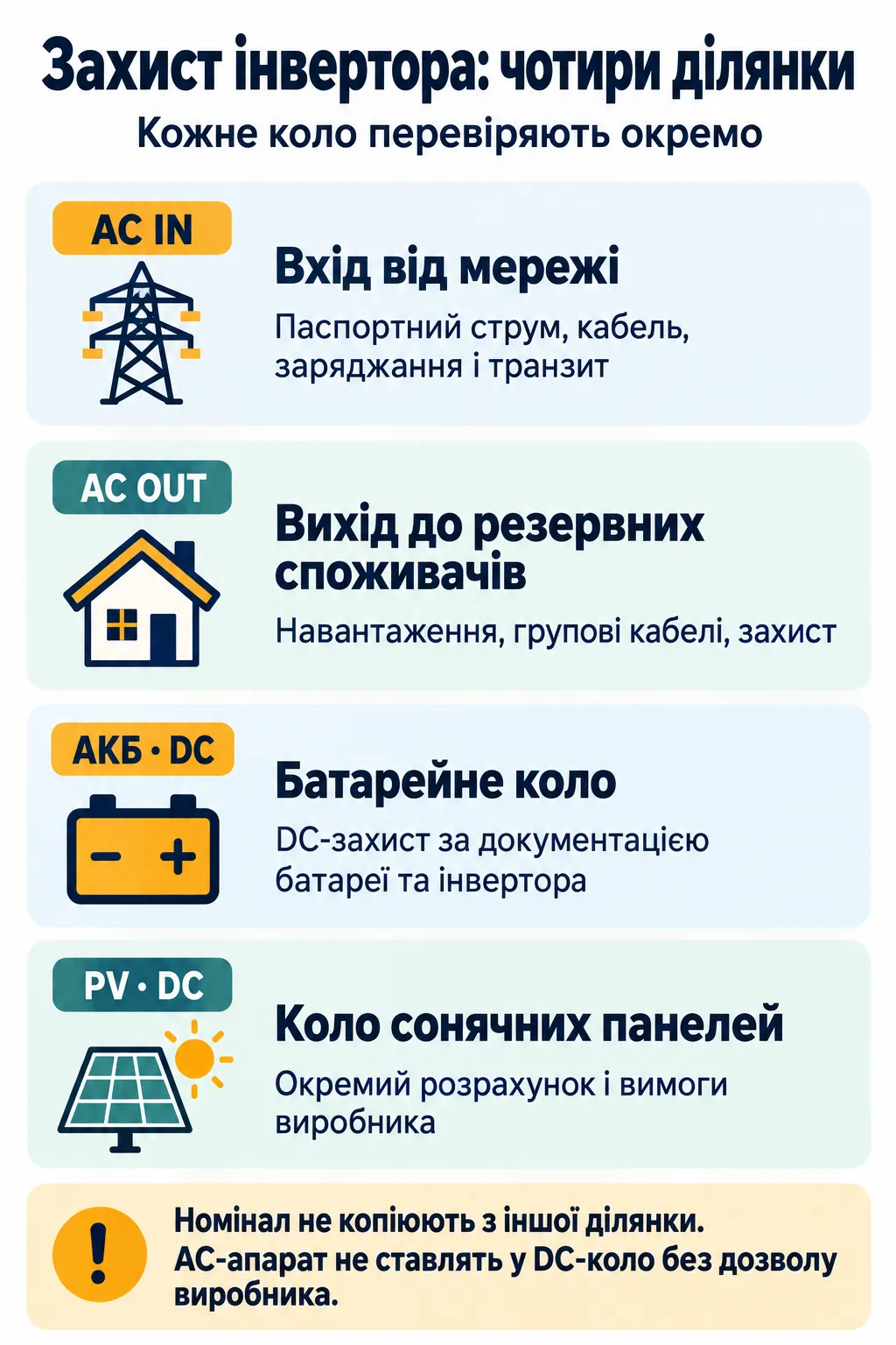 Чотири ділянки захисту інвертора: AC IN, AC OUT, батарейне коло та PV