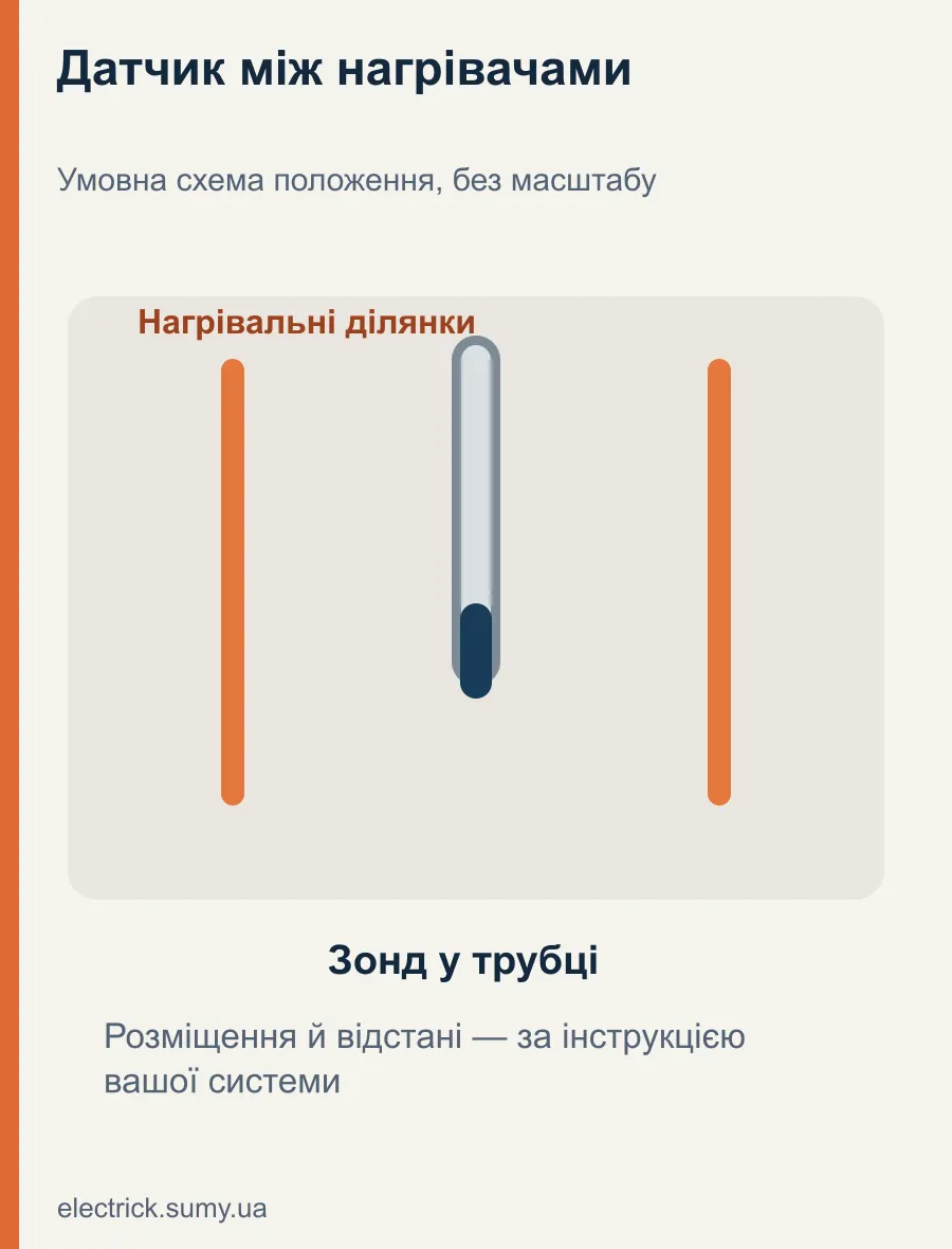 Датчик між нагрівачами. Умовна схема положення, без масштабу