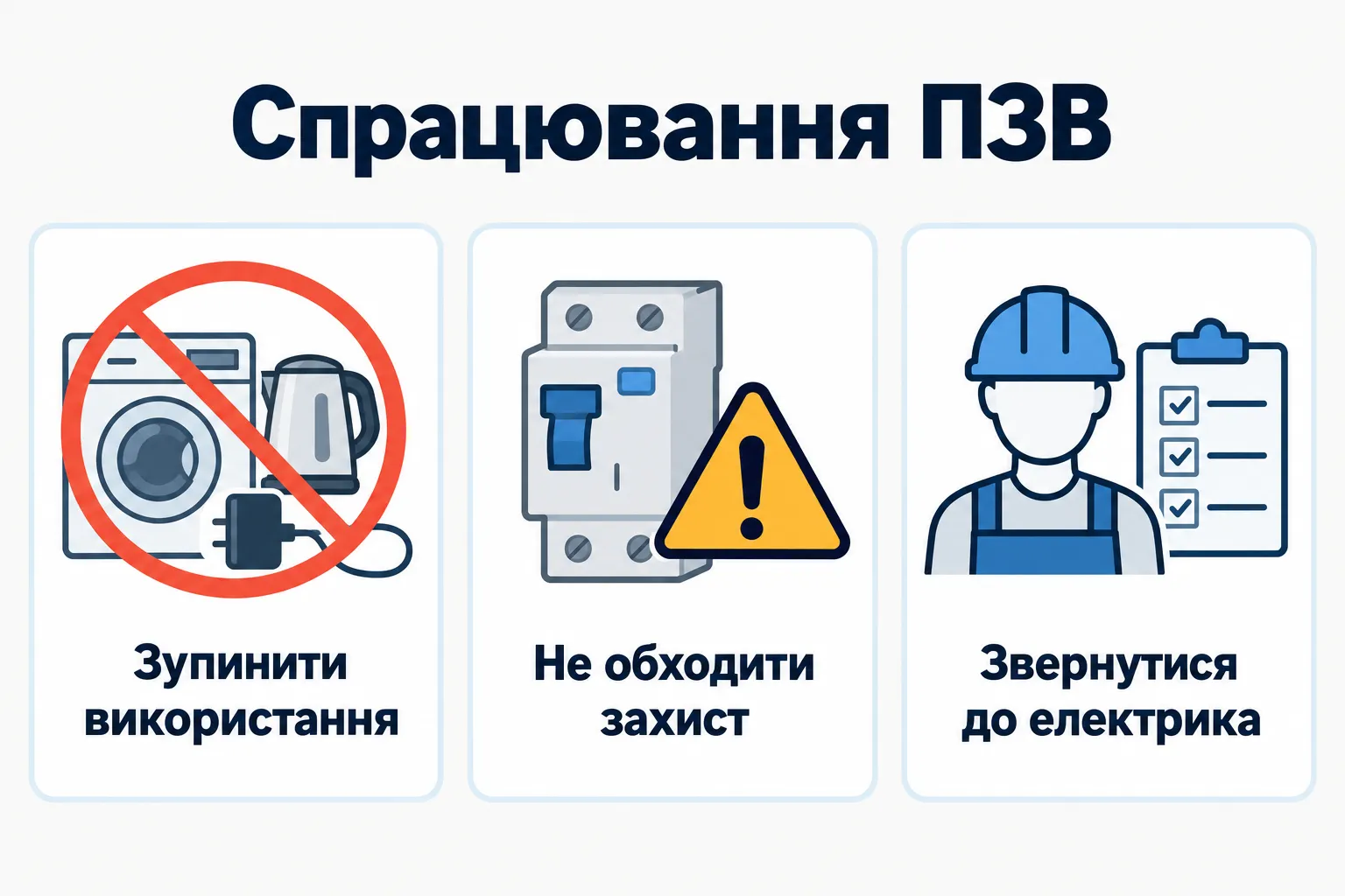 Износ УЗО: Остановить использование, Не обходить защиту, Обратиться к электрику.