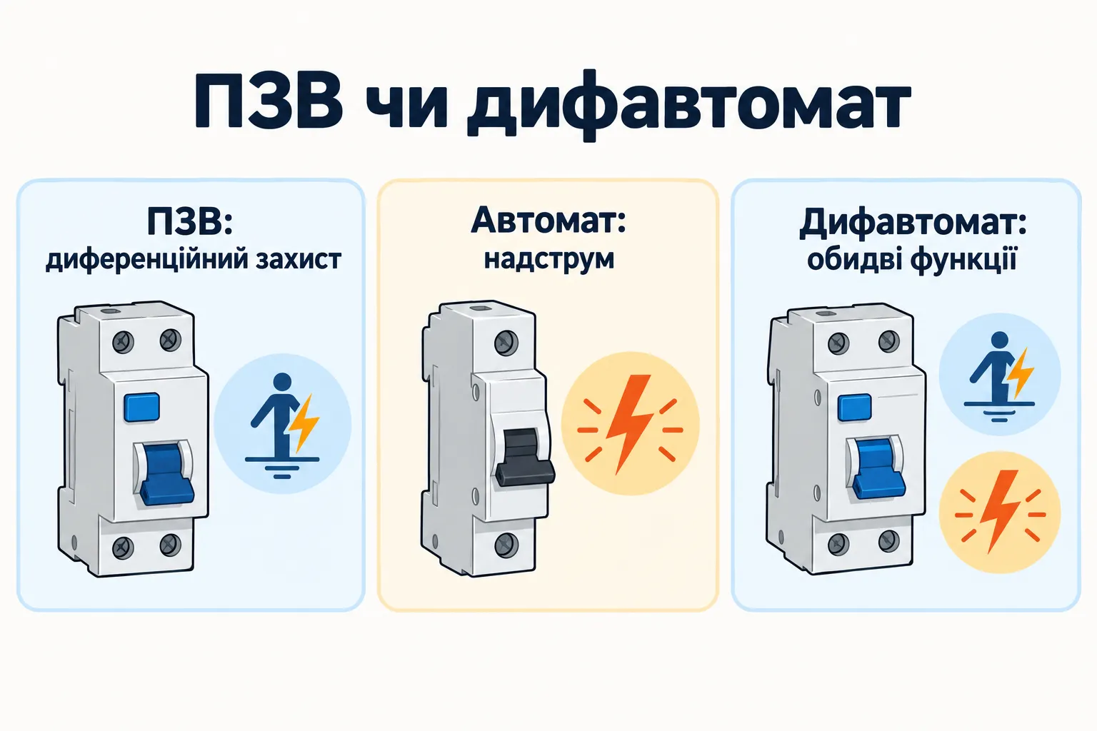 ПЗВ чи дифавтомат: ПЗВ: диференційний захист, Автомат: надструм, Дифавтомат: обидві функції.