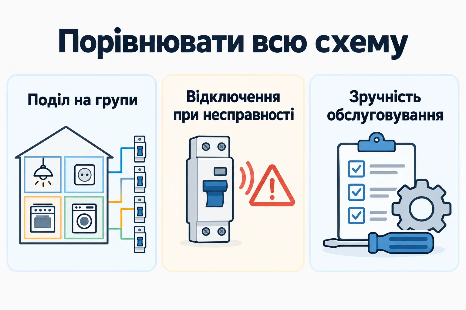 Порівнювати всю схему: Поділ на групи, Відключення при несправності, Зручність обслуговування.