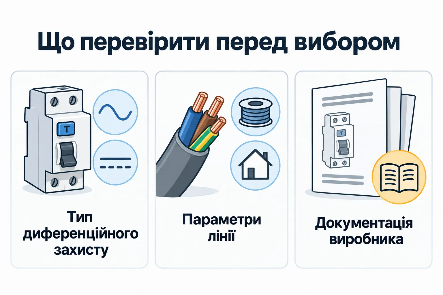 Що перевірити перед вибором: Тип диференційного захисту, Параметри лінії, Документація виробника.