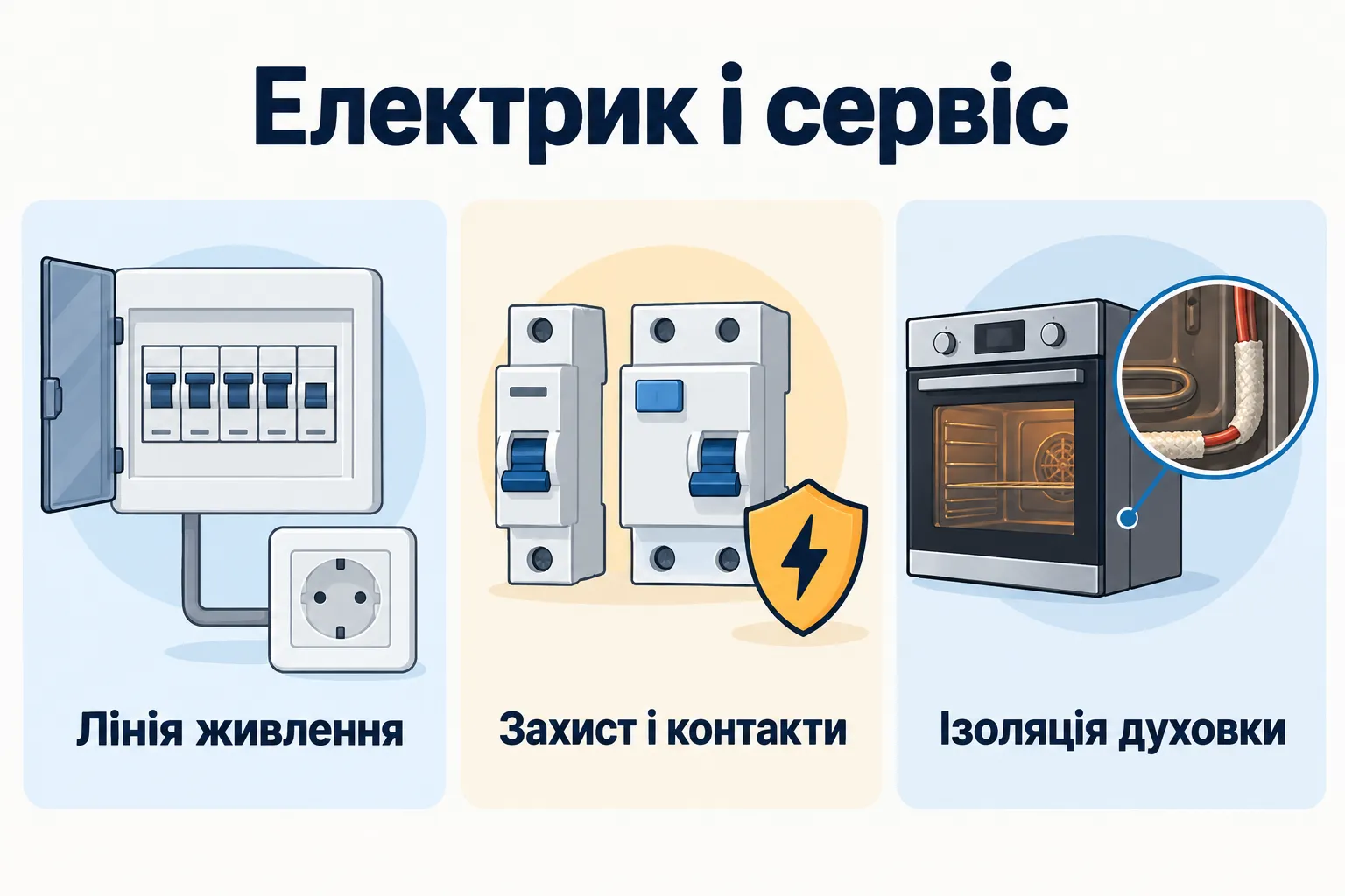 Електрик і сервіс: Лінія живлення, Захист і контакти, Ізоляція духовки.