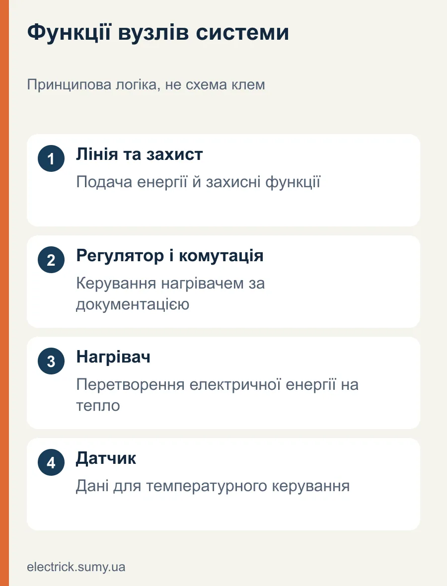 Функції вузлів системи. Принципова логіка, не схема клем