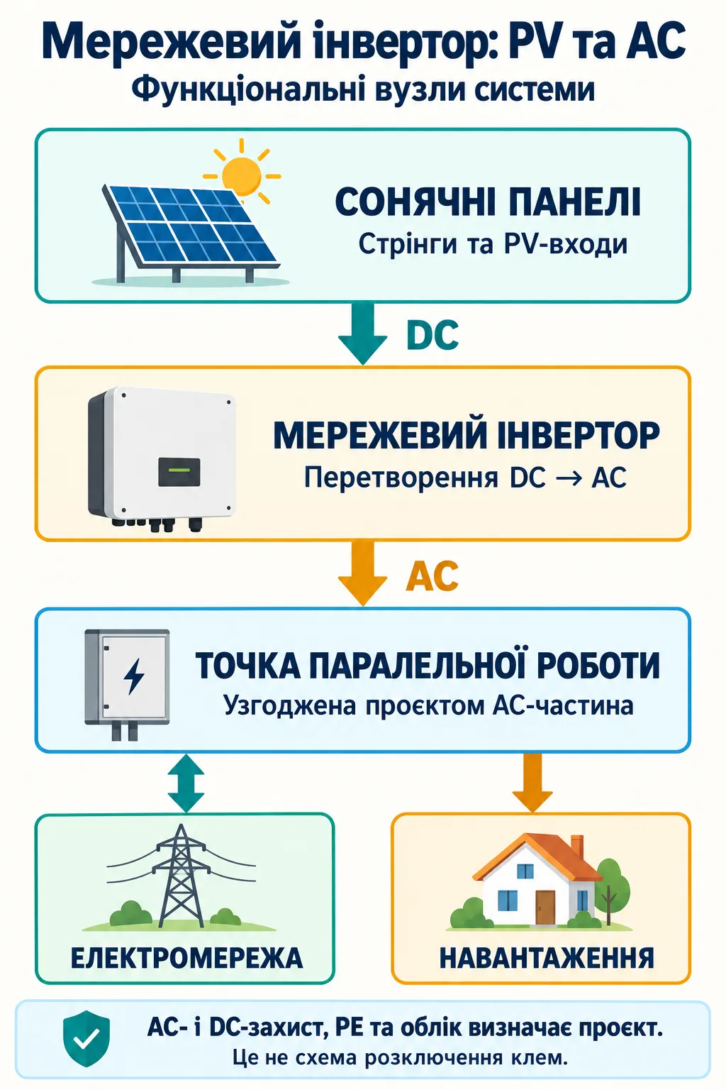 Функціональні вузли мережевої системи: панелі, PV-вхід, інвертор, AC-частина, мережа та навантаження