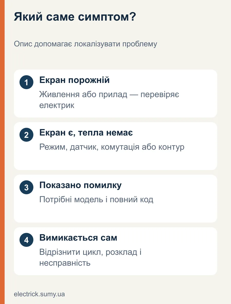 Який саме симптом?. Опис допомагає локалізувати проблему