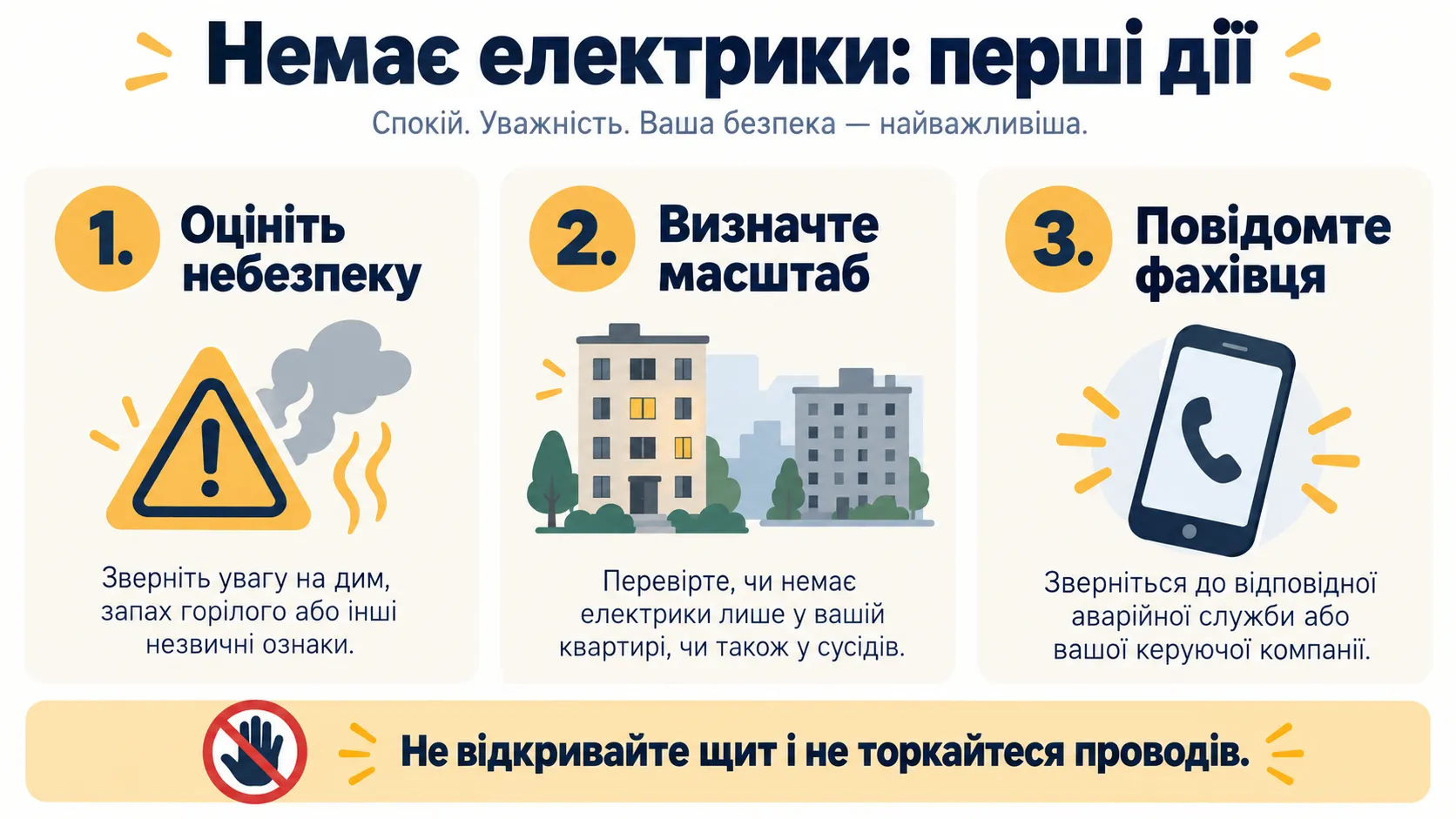 Інфографіка безпечних перших дій, коли зникло світло