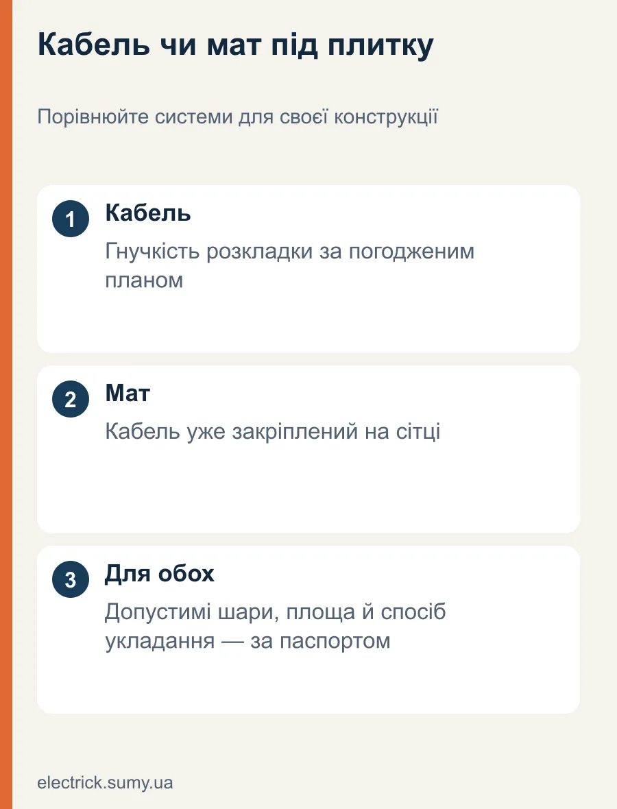 Кабель чи мат під плитку. Порівнюйте системи для своєї конструкції