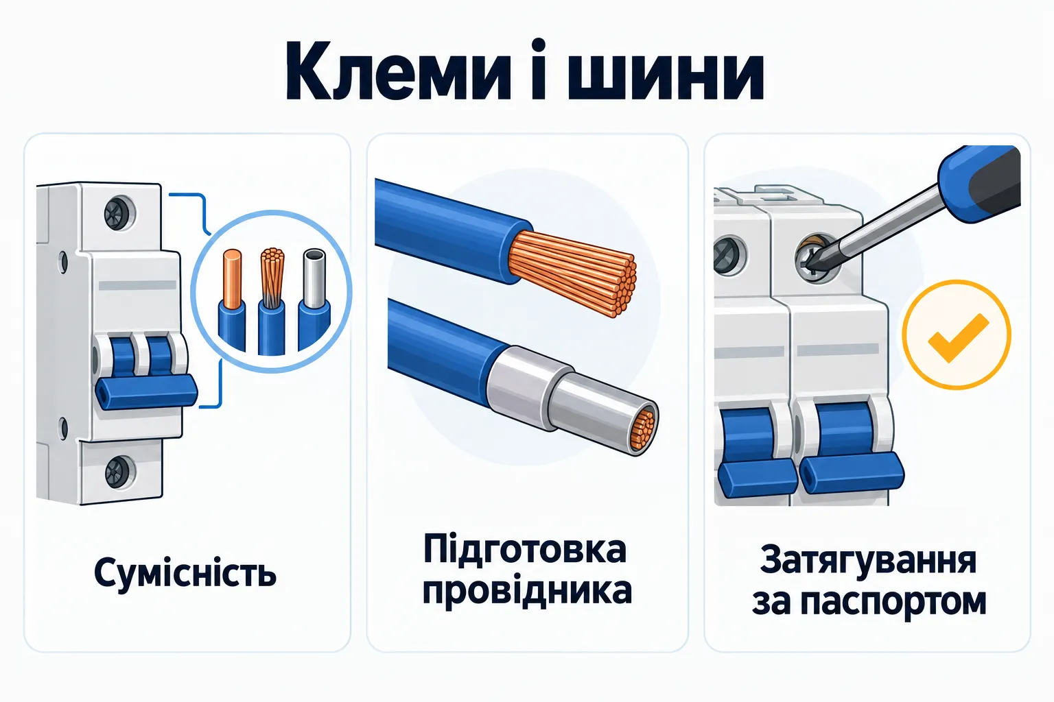 Клеми і шини: Сумісність, Підготовка провідника, Затягування за паспортом.