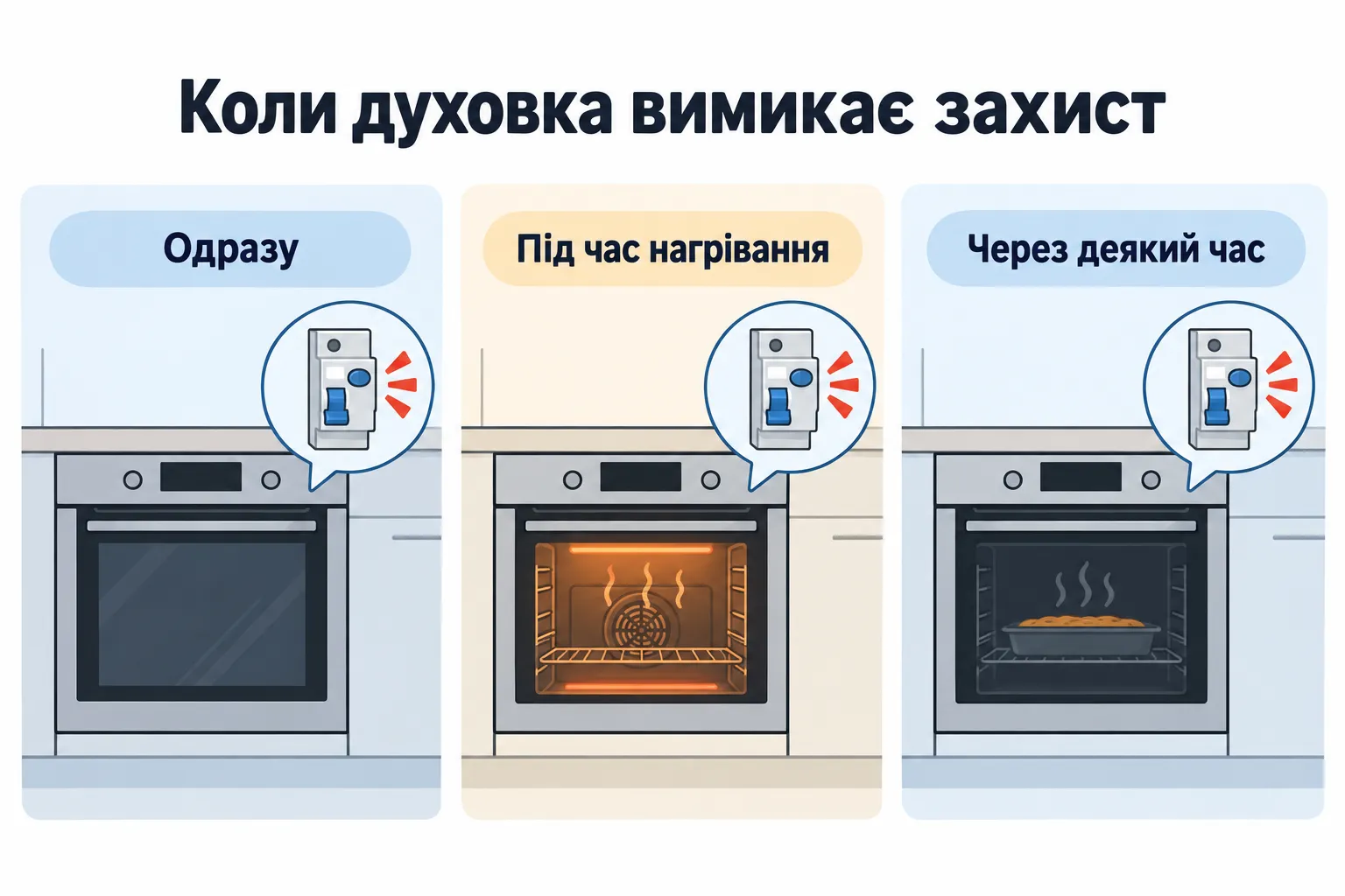 Коли духовка вимикає захист: Одразу, Під час нагрівання, Через деякий час.