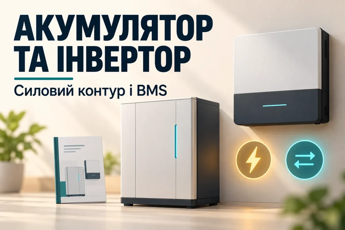 Концептуальна ілюстрація акумулятора й гібридного інвертора з окремими символами енергії та даних BMS.