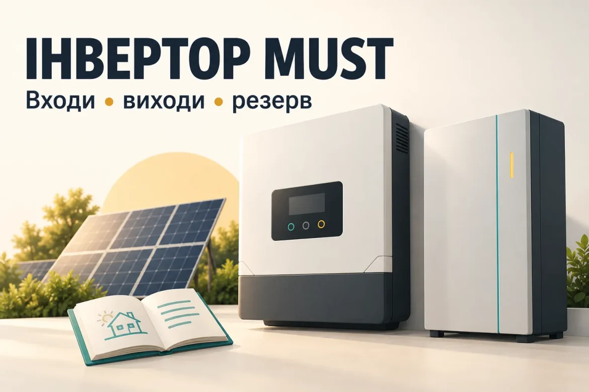 Концептуальна ілюстрація гібридного інвертора, батареї та сонячних панелей для матеріалу про MUST.
