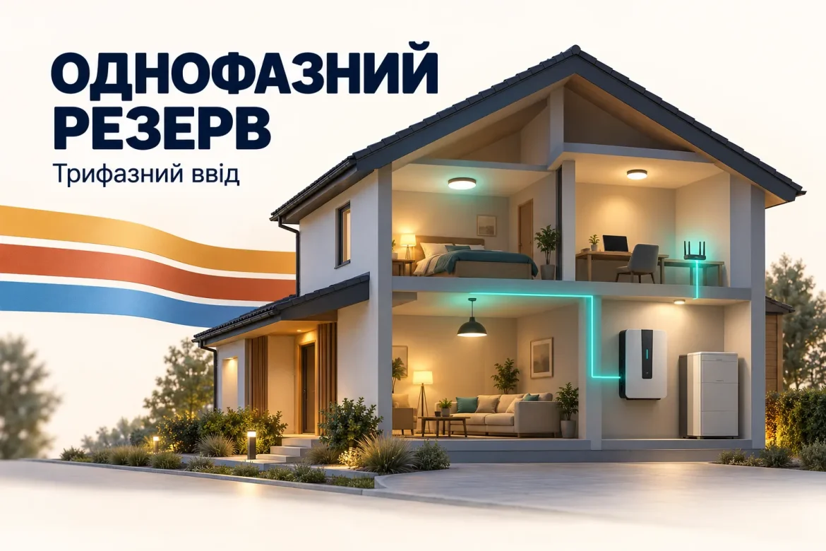 Концептуальна ілюстрація однофазного резервного живлення вибраних груп будинку при трифазному вводі.