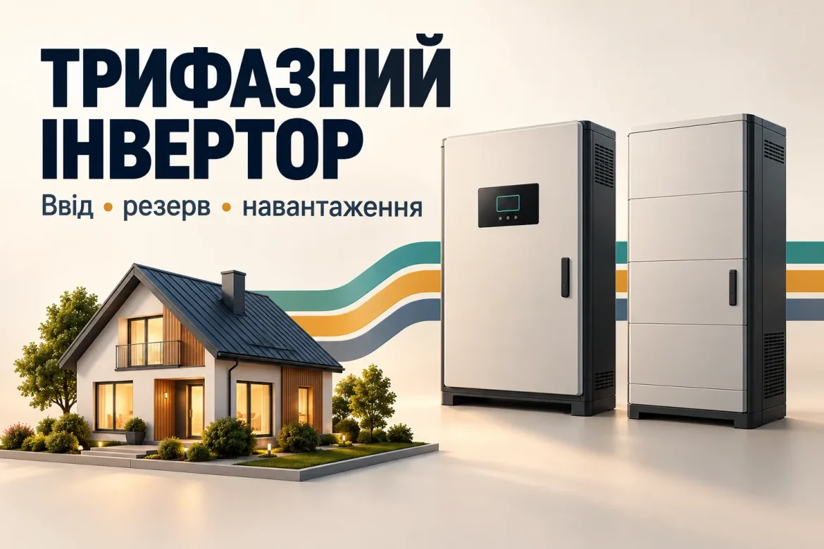Концептуальна ілюстрація трифазної інверторної системи з батареєю та будинком.