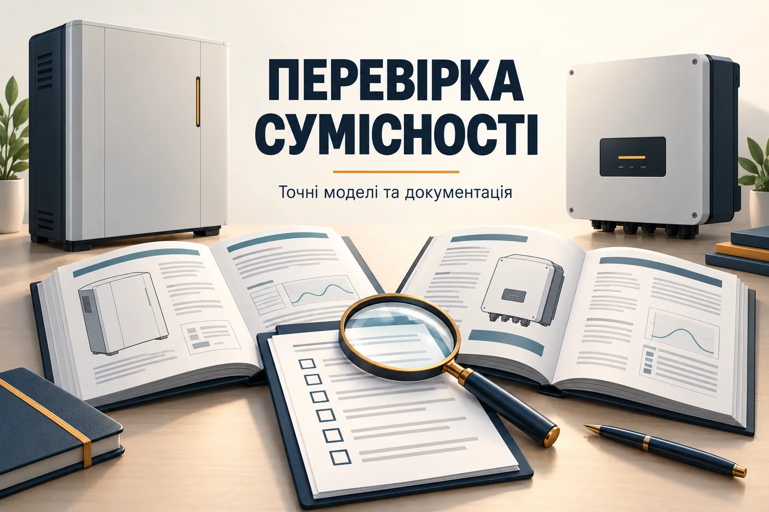 Концептуальна ілюстрація звірки інструкцій акумулятора й інвертора з переліком параметрів сумісності.