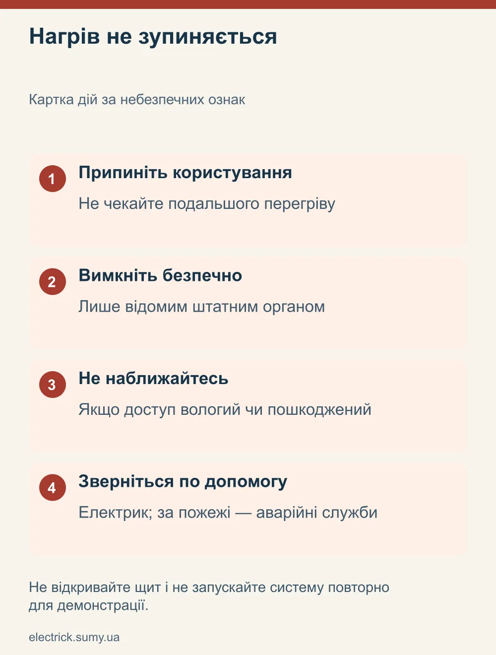 Нагрів не зупиняється. Картка дій за небезпечних ознак