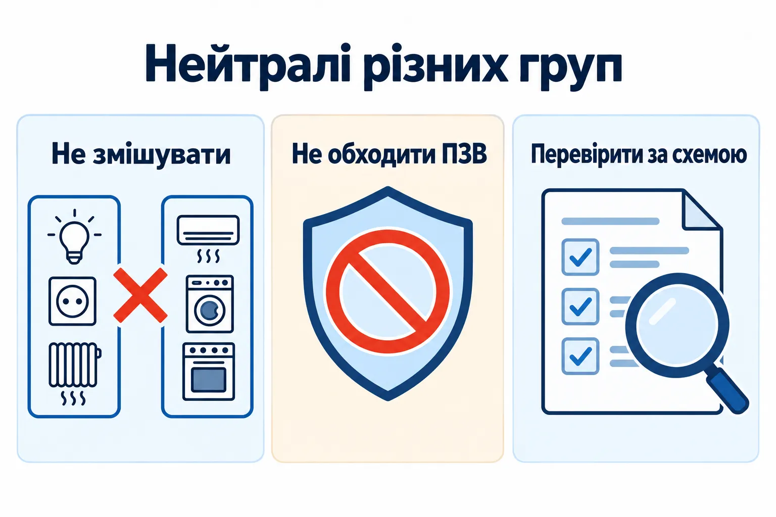 Нейтралі різних груп: Не змішувати, Не обходити ПЗВ, Перевірити за схемою.
