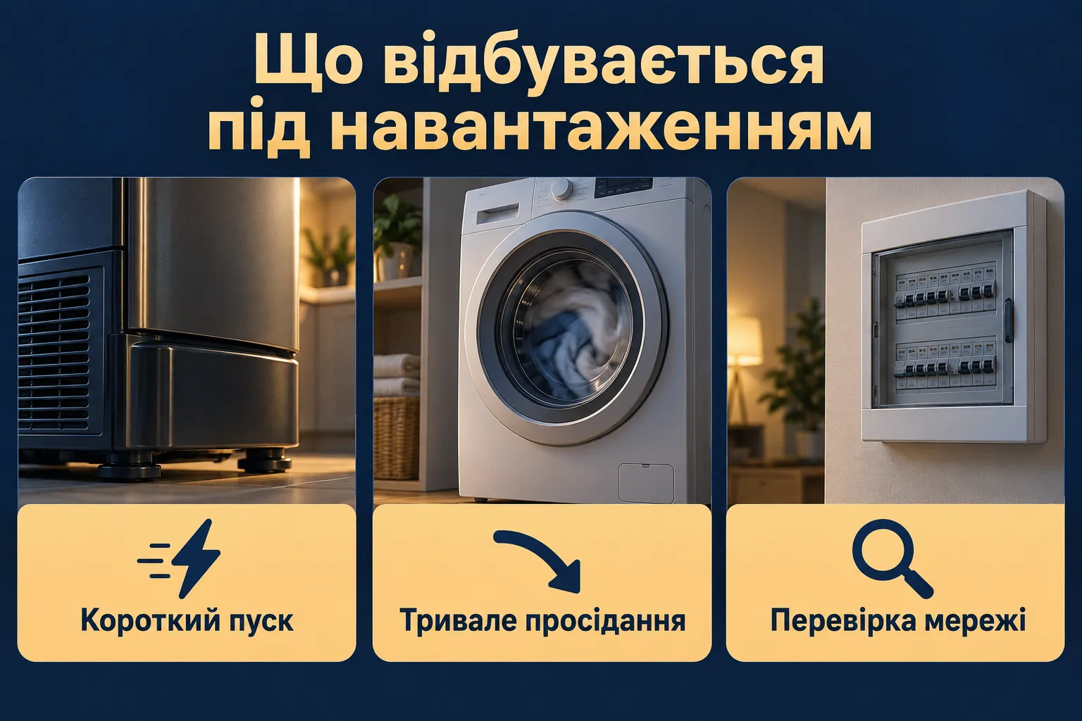 Падіння напруги при запуску навантаження. Інфографіка.