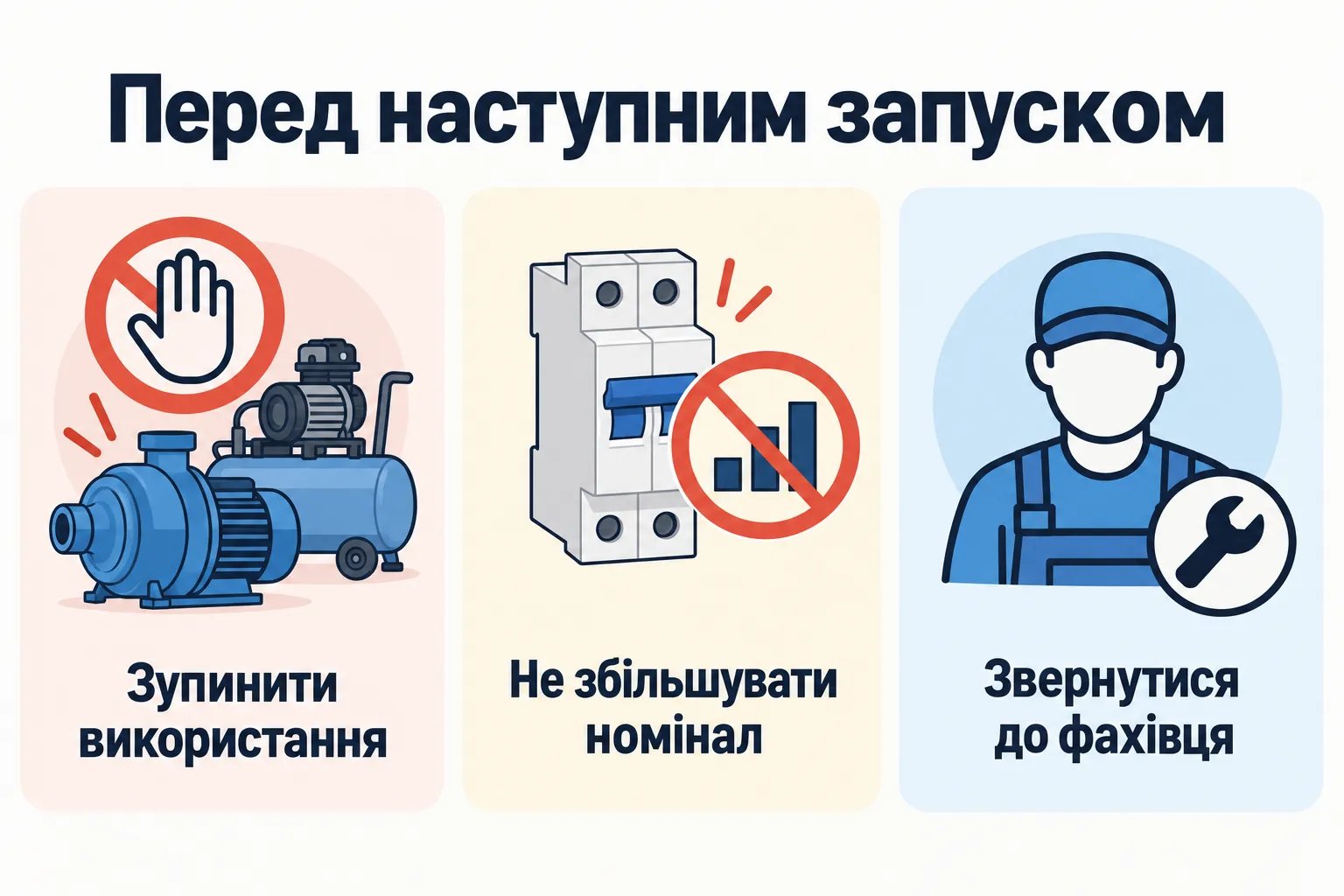 Перед наступним запуском: Зупинити використання, Не збільшувати номінал, Звернутися до фахівця.