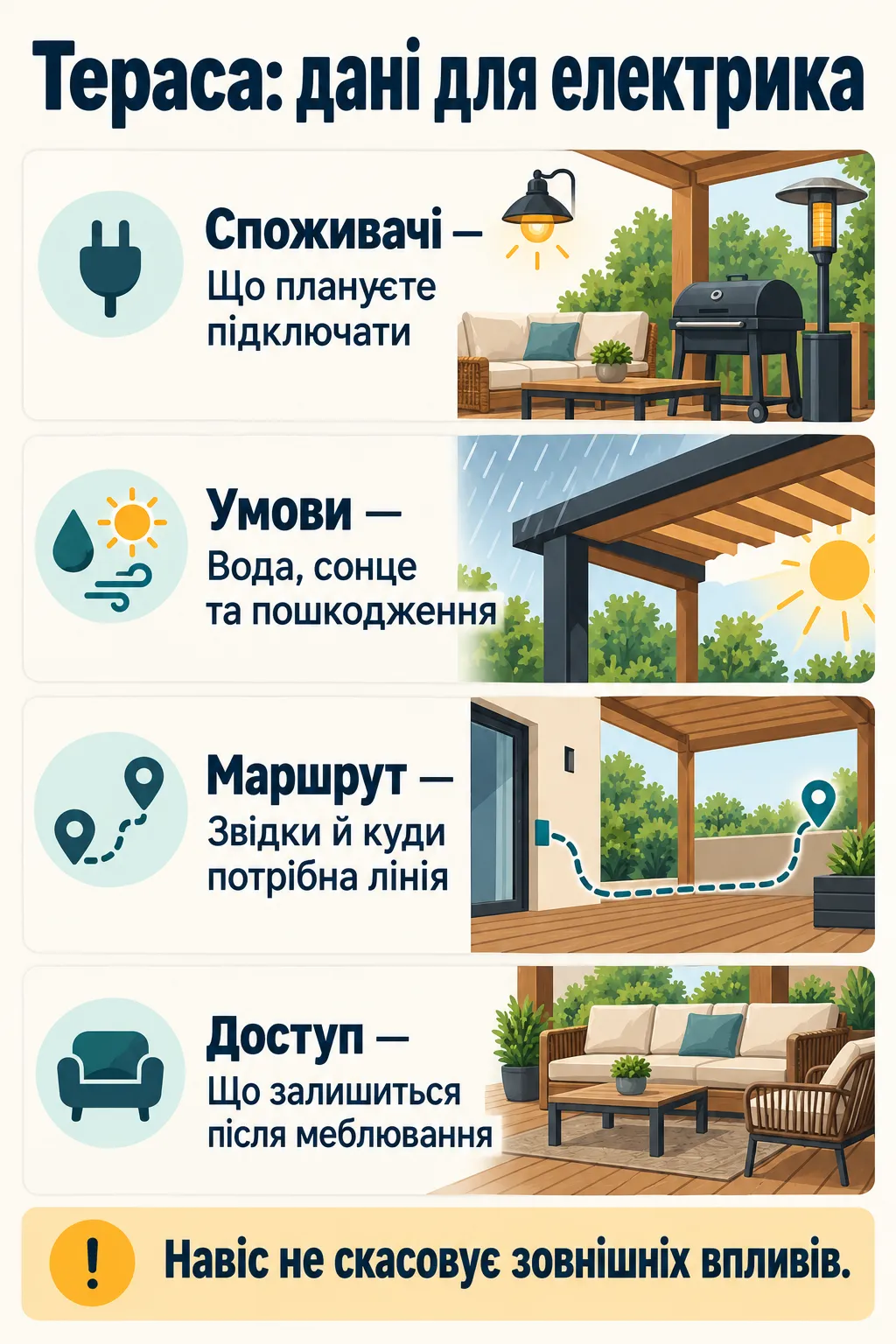 Перелік даних про споживачів, зовнішні умови, маршрут і доступ на терасі