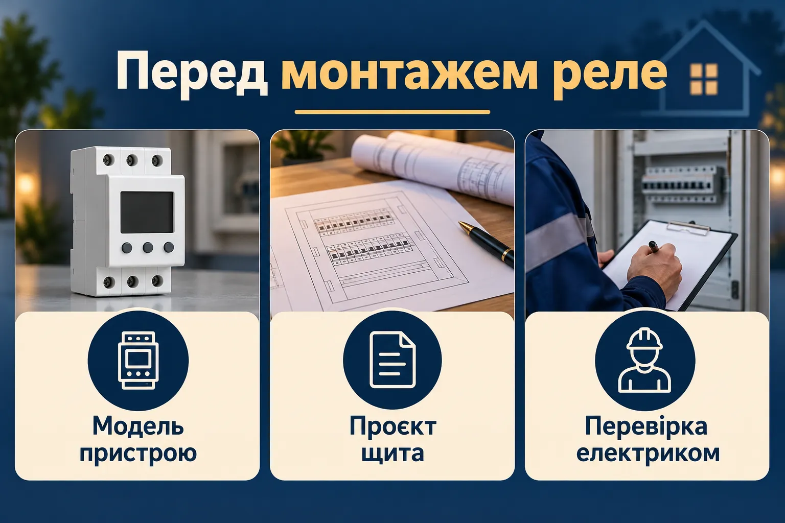 Підготовка професійного монтажу реле напруги. Інфографіка.