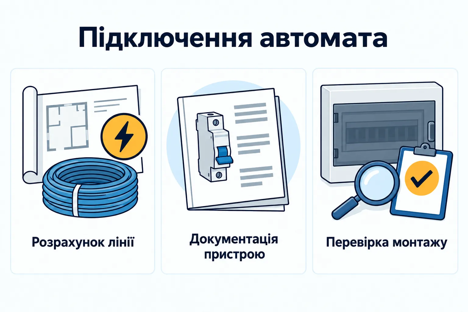 Підключення автомата: Розрахунок лінії, Документація пристрою, Перевірка монтажу.