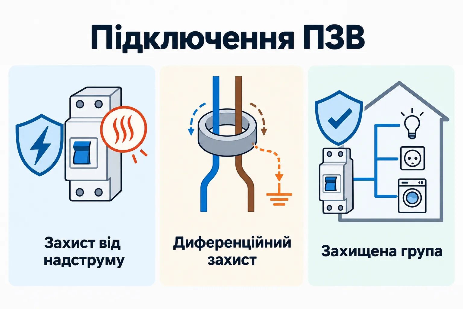 Підключення ПЗВ: Захист від надструму, Диференційний захист, Захищена група.