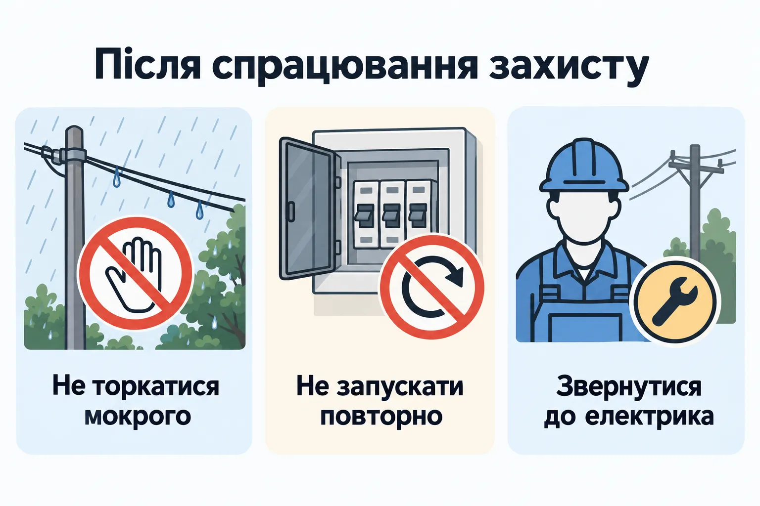 Після спрацювання захисту: Не торкатися мокрого, Не запускати повторно, Звернутися до електрика.