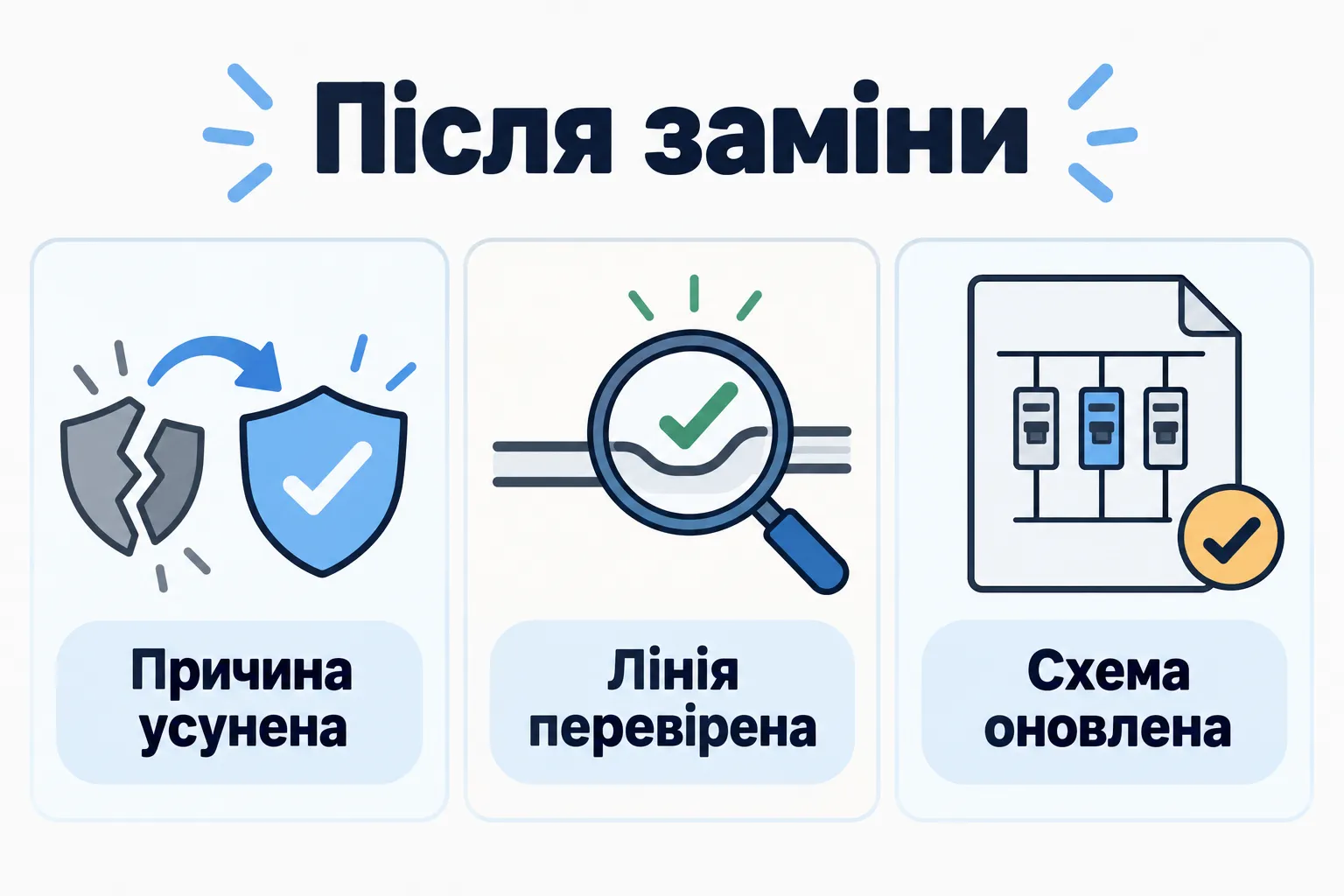 Після заміни: Причина усунена, Лінія перевірена, Схема оновлена.