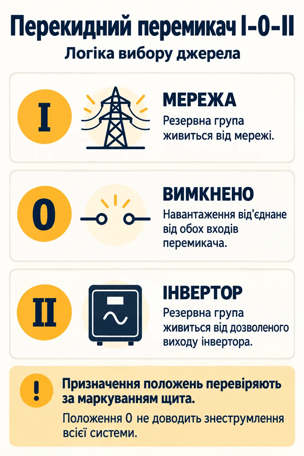Положення I, 0 та II: мережа, відключення навантаження та інвертор