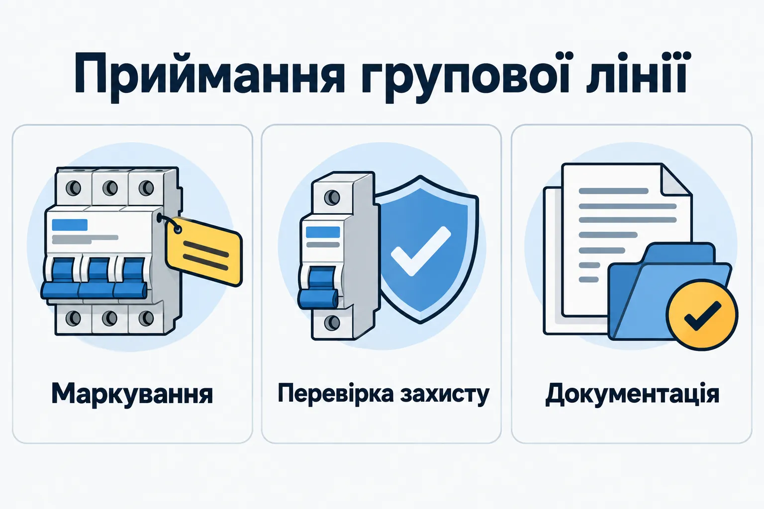 Приймання групової лінії: Маркування, Перевірка захисту, Документація.