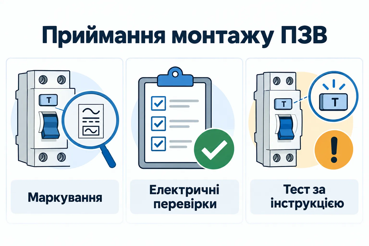 Приймання монтажу ПЗВ: Маркування, Електричні перевірки, Тест за інструкцією.