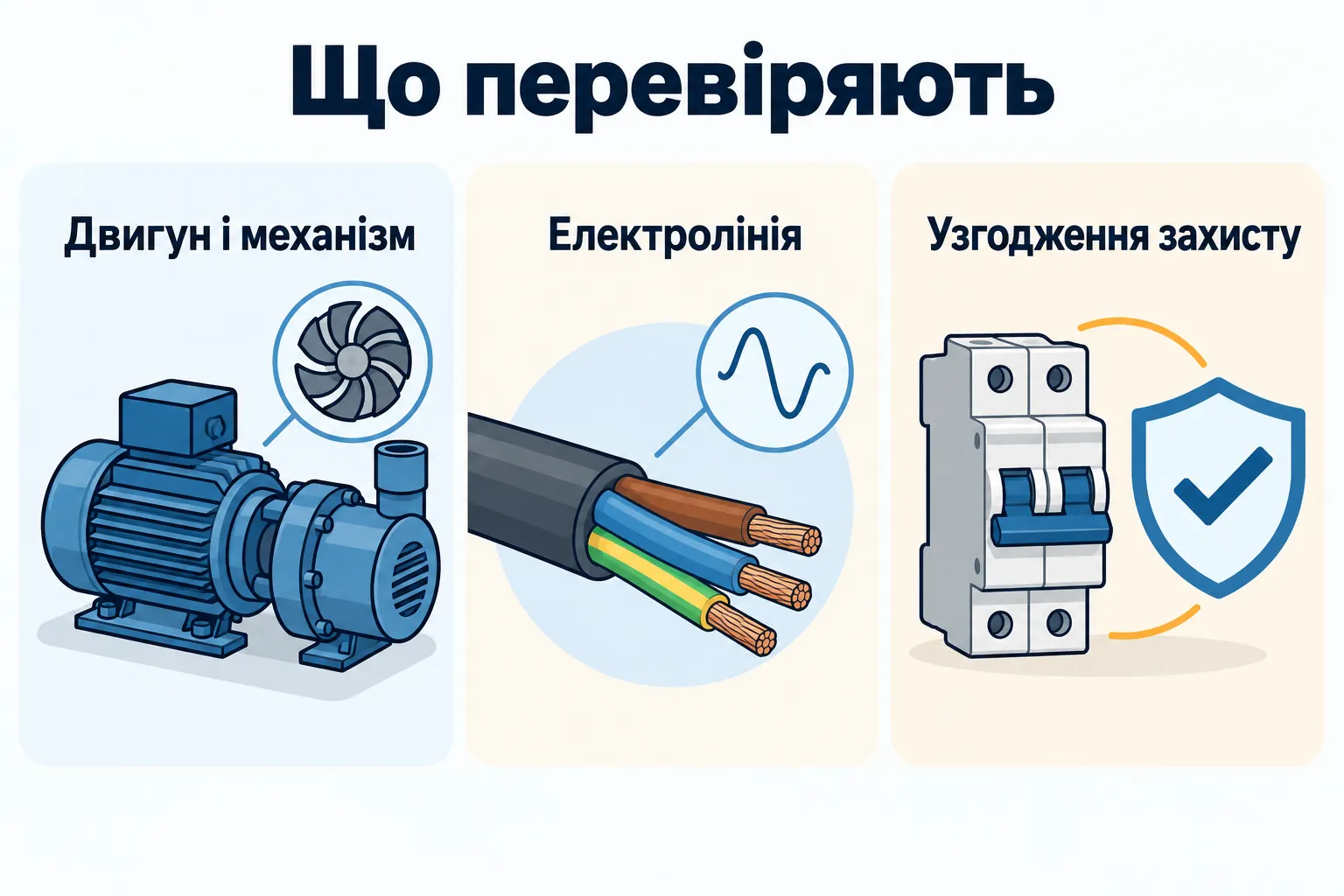 Що перевіряють: Двигун і механізм, Електролінія, Узгодження захисту.