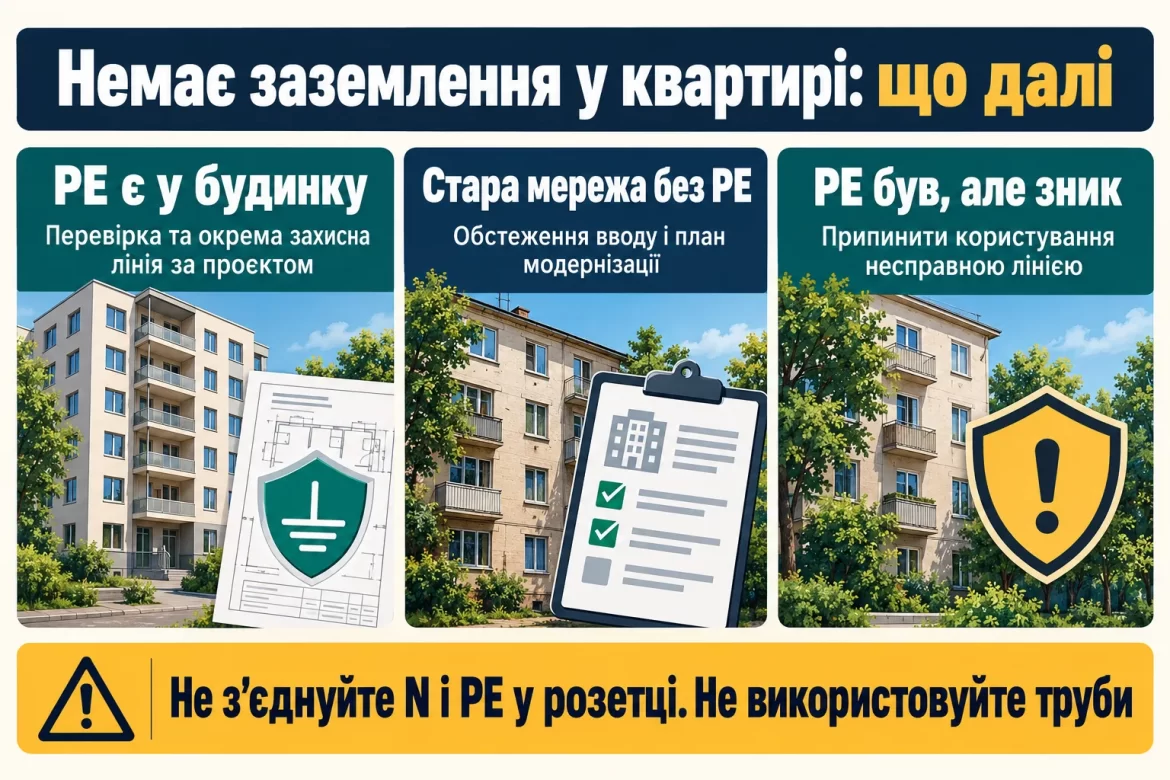 Три сценарії дій за відсутнього або несправного PE у квартирі