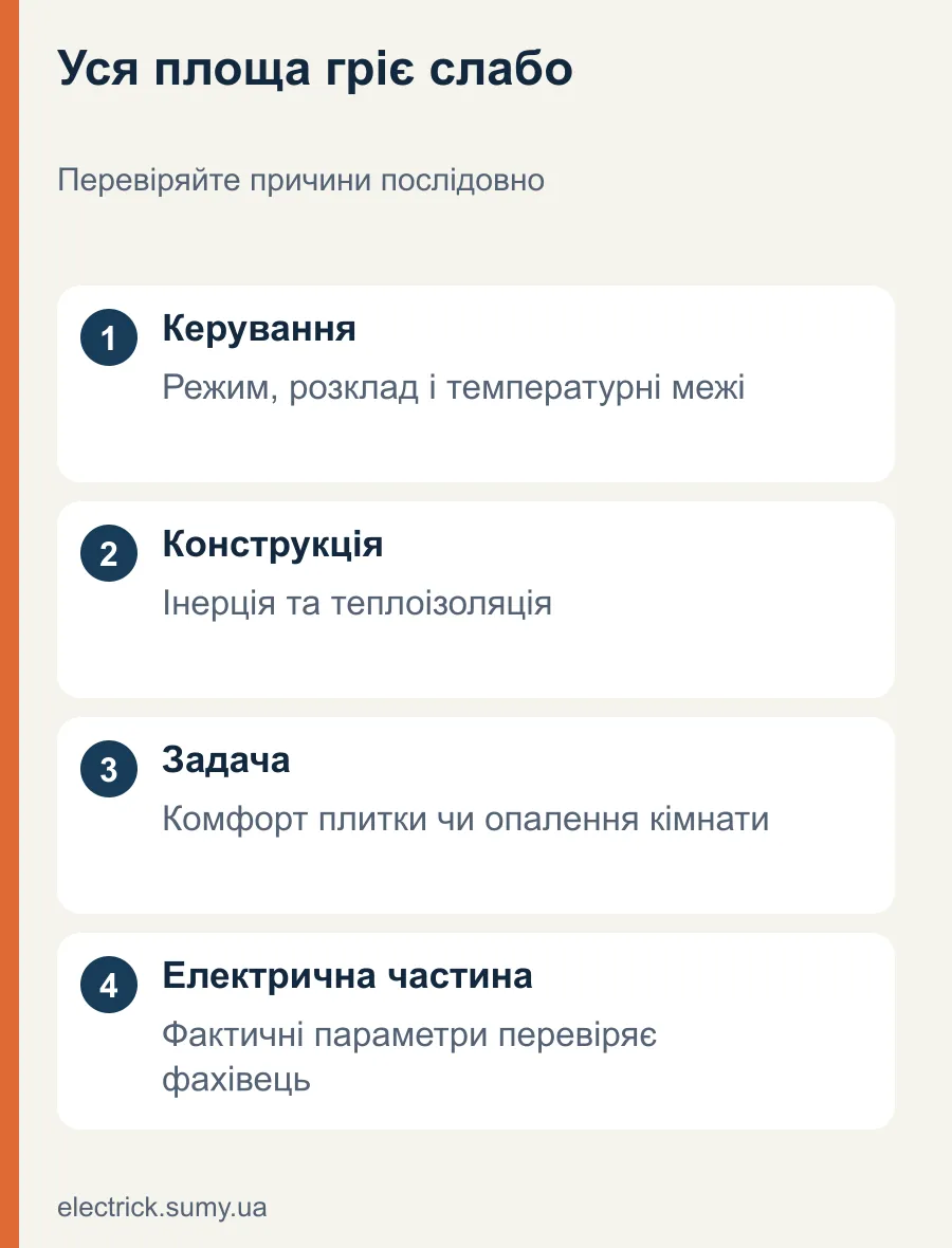 Уся площа гріє слабо. Перевіряйте причини послідовно