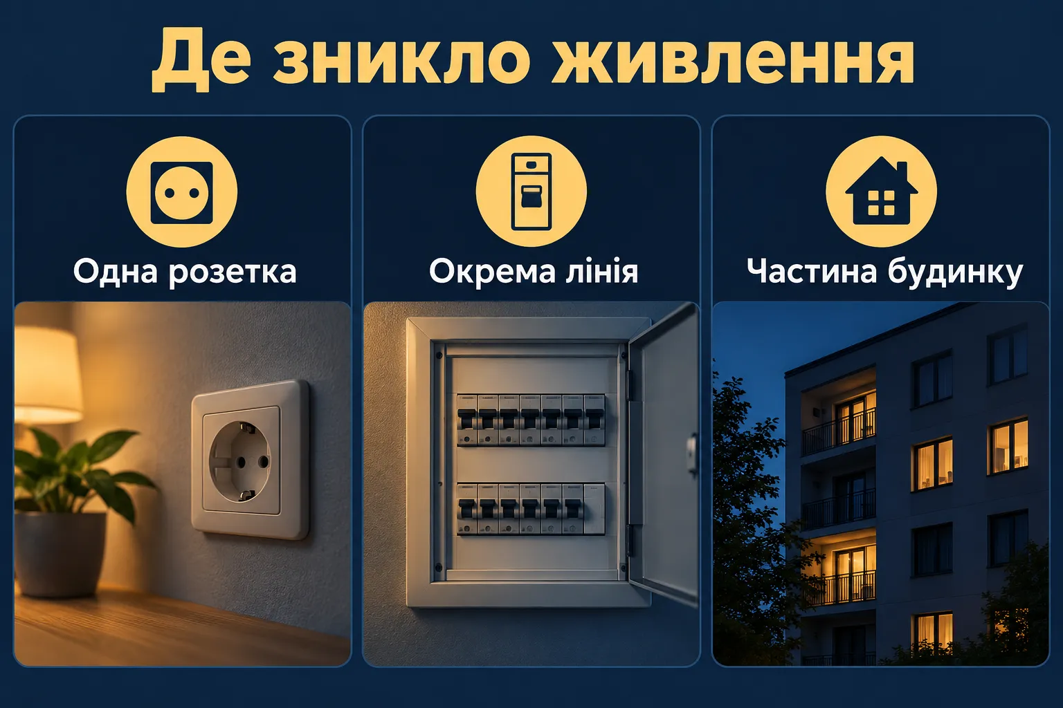 Відсутність живлення розетки, лінії або частини будинку. Інфографіка.