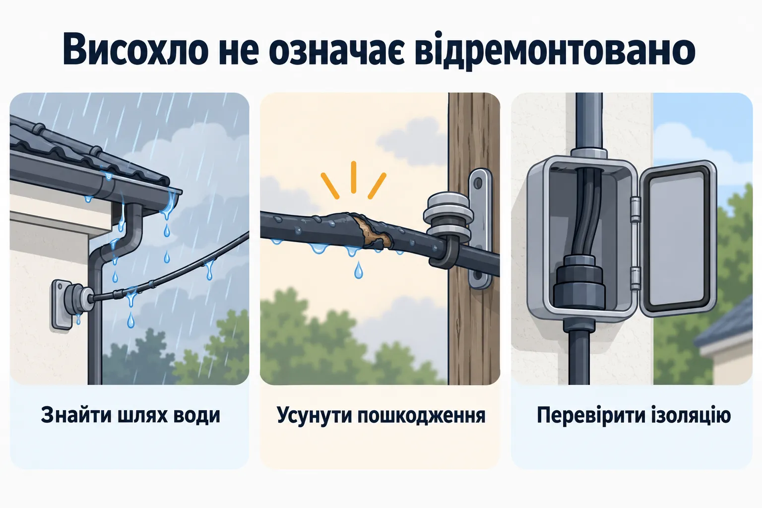 Висохло не означає відремонтовано: Знайти шлях води, Усунути пошкодження, Перевірити ізоляцію.