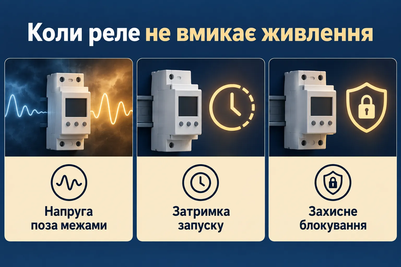 Захисне відключення, затримка й блокування реле. Інфографіка.