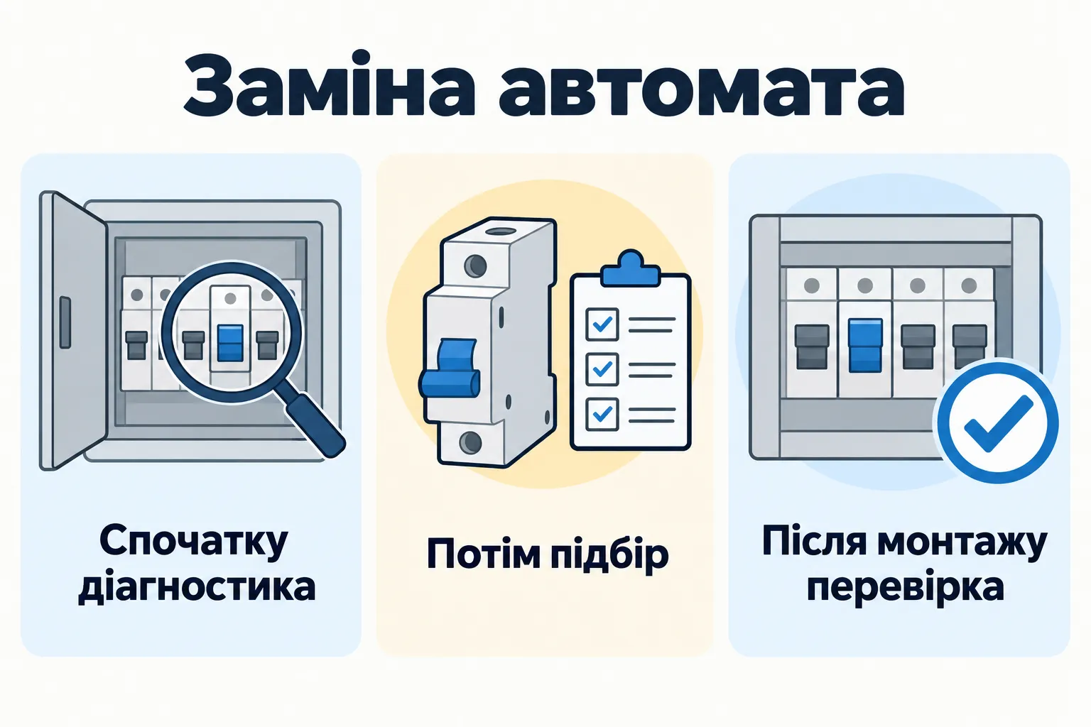 Заміна автомата: Спочатку діагностика, Потім підбір, Після монтажу перевірка.